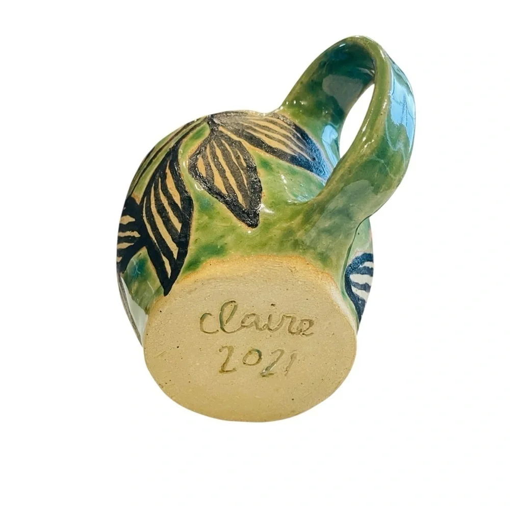 Handmade Signed Studio Art Pottery Mug Green Black Botanical Leaf Design 2.5
